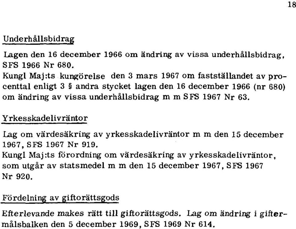 m m SFS 1967 Nr 63. Yrkesskadelivräntor Lag om värdesäkring av yrkesskadelivräntor m m den 15 december 1967, SFS 1967 Nr 919.