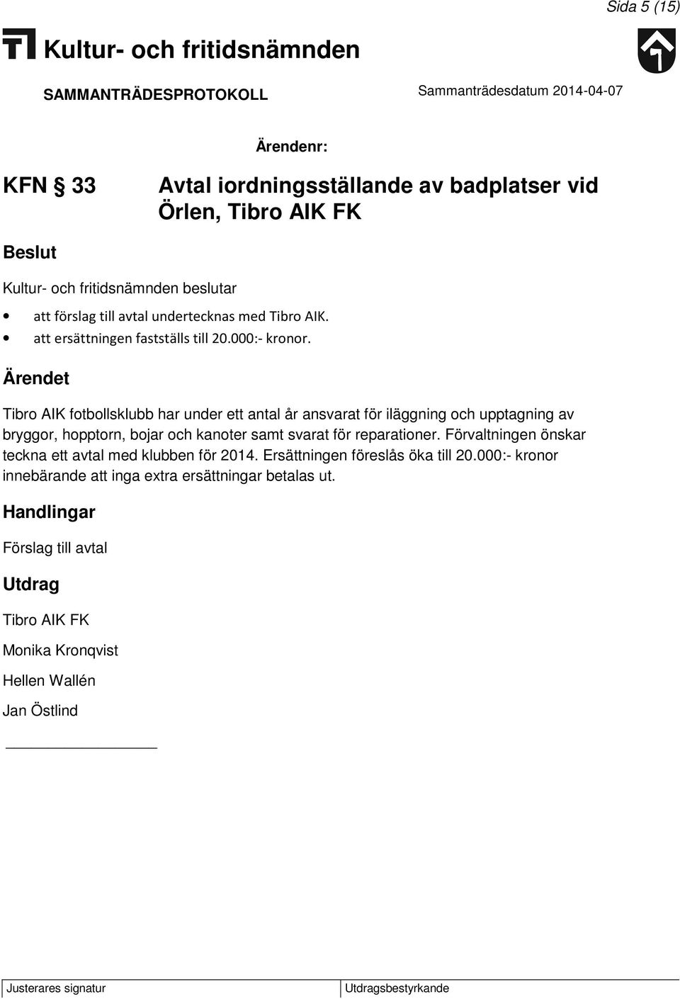 Tibro AIK fotbollsklubb har under ett antal år ansvarat för iläggning och upptagning av bryggor, hopptorn, bojar och kanoter samt svarat för