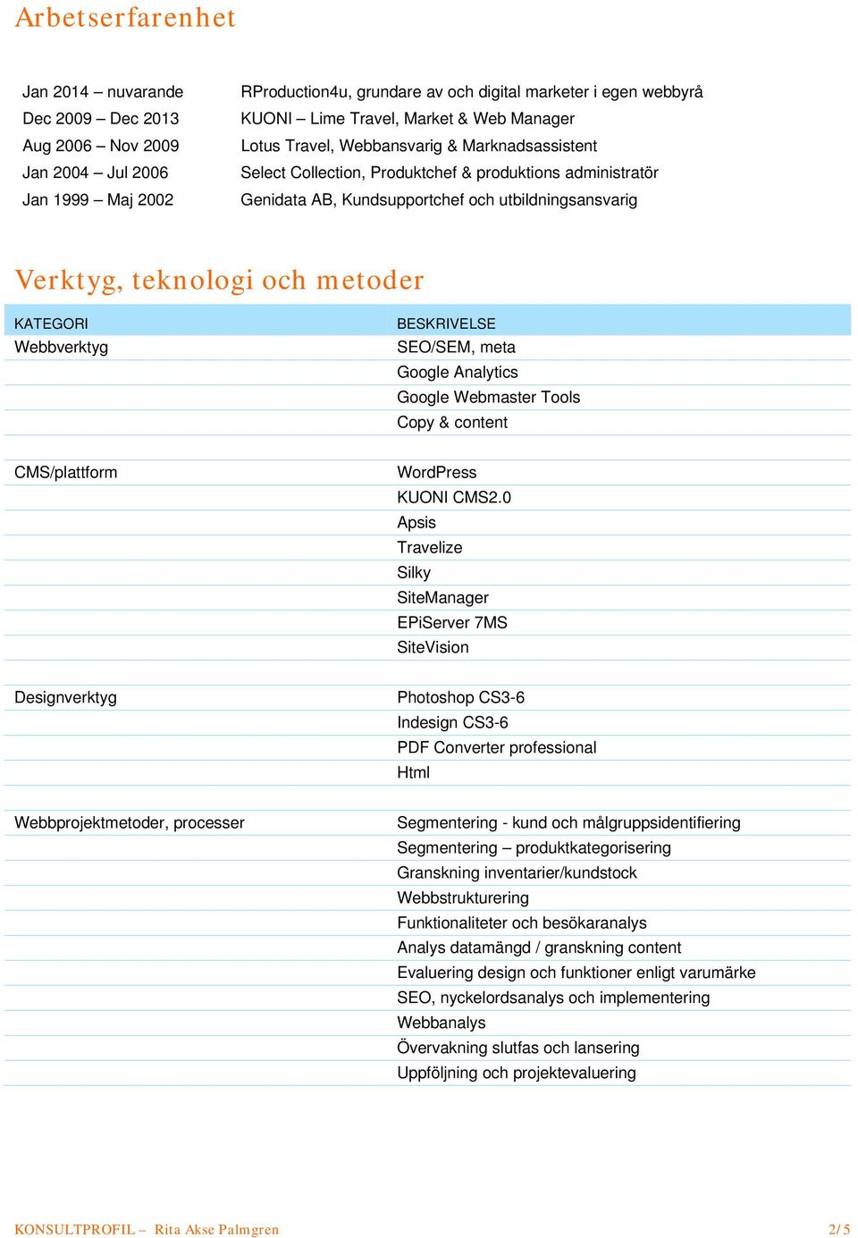 metoder KATEGORI Webbverktyg BESKRIVELSE SEO/SEM, meta Google Analytics Google Webmaster Tools Copy & content CMS/plattform WordPress KUONI CMS2.