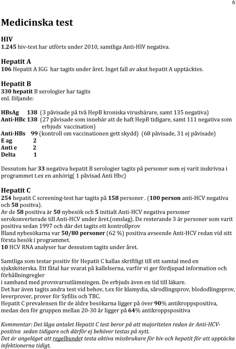 följande: HBsAg 138 (3 påvisade på två HepB kroniska virusbärare, samt 135 negativa) Anti-HBc 138 (27 påvisade som innebär att de haft HepB tidigare, samt 111 negativa som erbjuds vaccination)