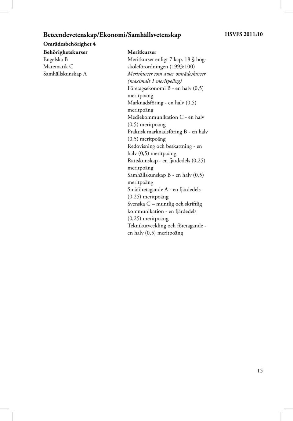 en halv (0,5) Praktisk marknadsföring B - en halv (0,5) Redovisning och beskattning - en halv (0,5) Rättskunskap - en fjärdedels (0,25)