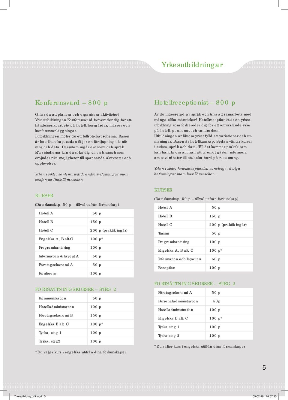 Basen är hotellkunskap, sedan följer en fördjupning i konferens och data. Dessutom ingår ekonomi och språk.