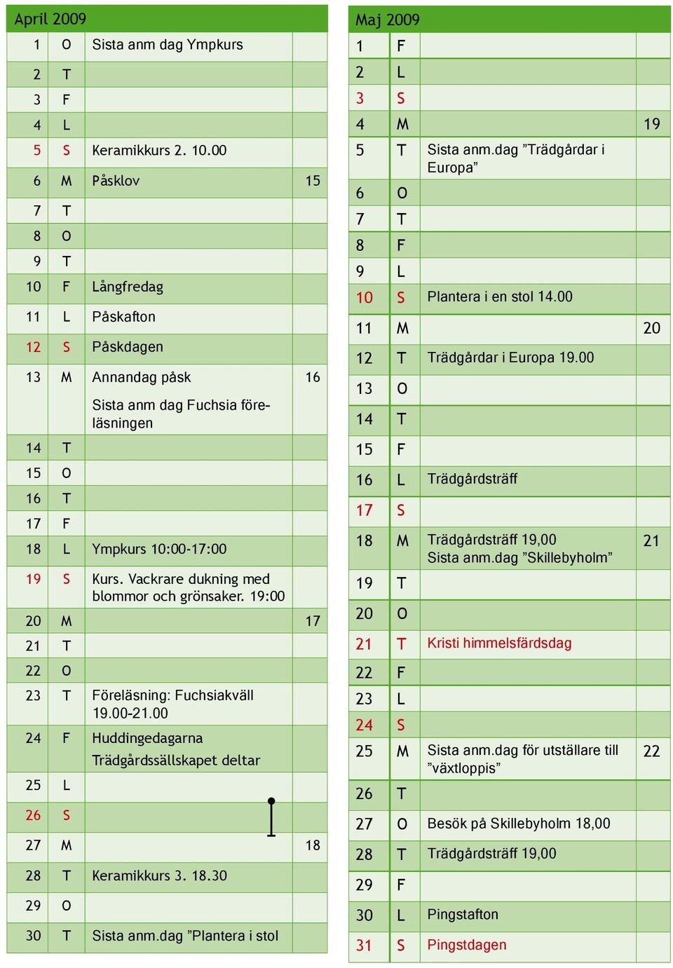 Vackrare dukning med blommor och grönsaker. 19:00 20 M 17 21 T 22 O 23 T Föreläsning: Fuchsiakväll 19.00-21.00 24 F Huddingedagarna Trädgårdssällskapet deltar 25 L 26 S 16 27 M 18 28 T Keramikkurs 3.