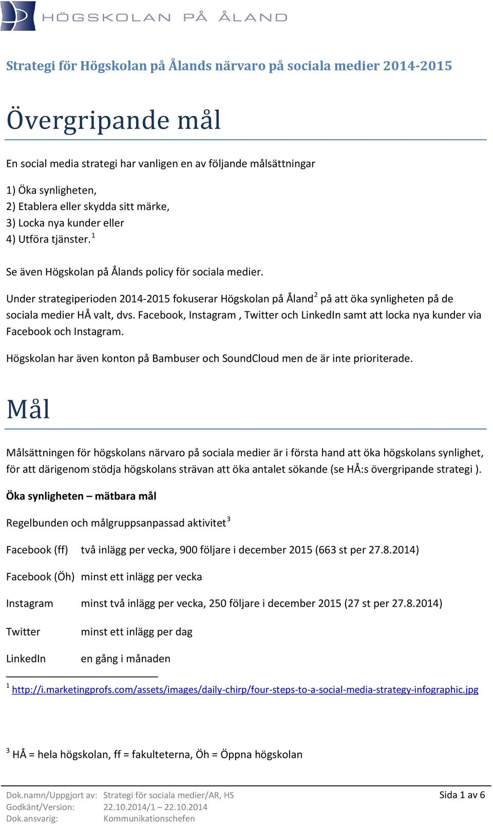 Under strategiperioden 2014-2015 fokuserar Högskolan på Åland 2 på att öka synligheten på de sociala medier HÅ valt, dvs.