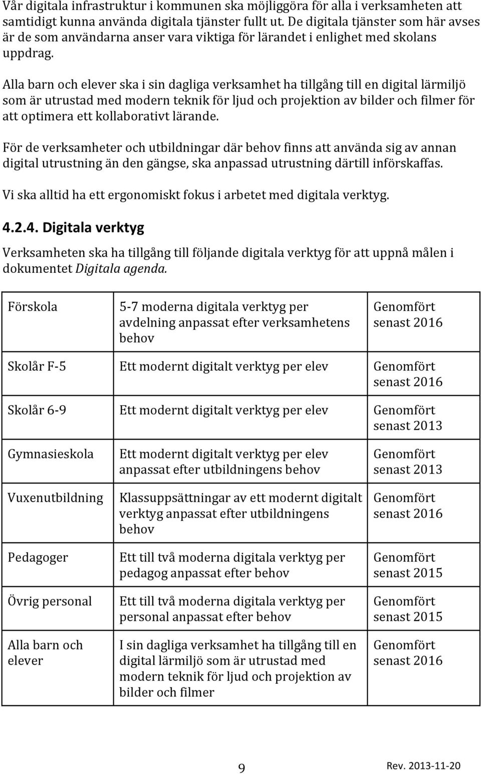 Alla barn och elever ska i sin dagliga verksamhet ha tillgång till en digital lärmiljö som är utrustad med modern teknik för ljud och projektion av bilder och filmer för att optimera ett