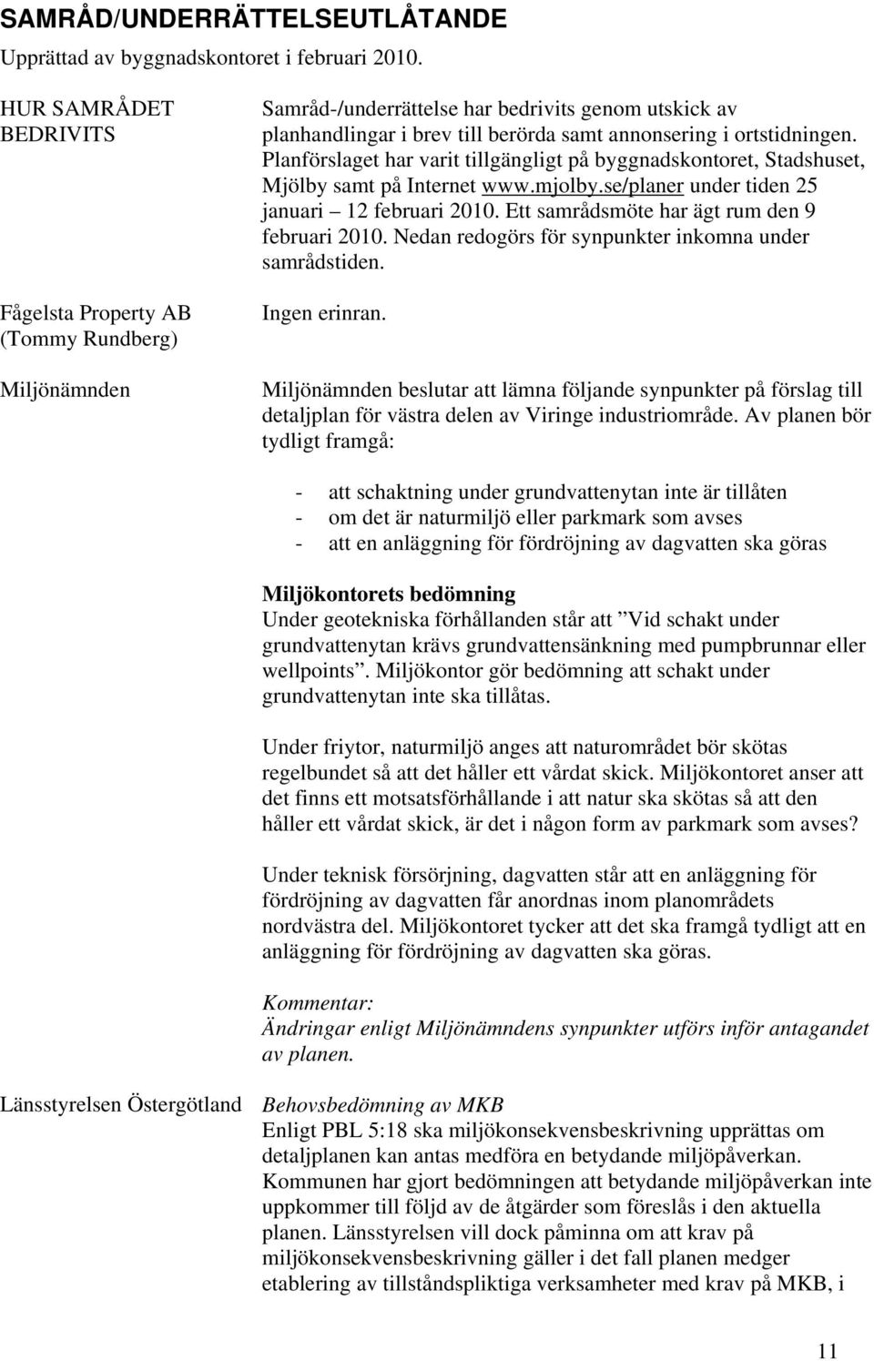 Planförslaget har varit tillgängligt på byggnadskontoret, Stadshuset, Mjölby samt på Internet www.mjolby.se/planer under tiden 25 januari 12 februari 2010.