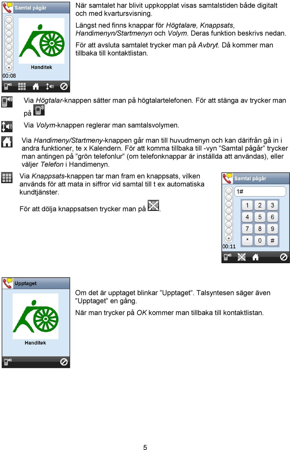 För att stänga av trycker man på Via Volym-knappen reglerar man samtalsvolymen. Via Handimeny/Startmeny-knappen går man till huvudmenyn och kan därifrån gå in i andra funktioner, te x Kalendern.