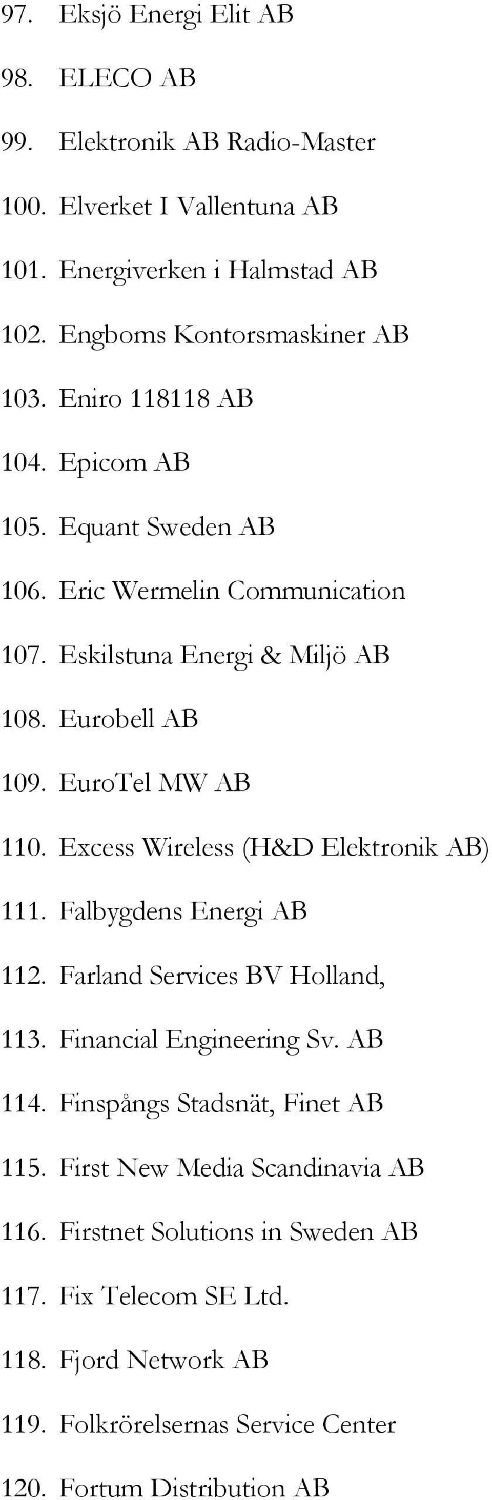 Excess Wireless (H&D Elektronik AB) 111. Falbygdens Energi AB 112. Farland Services BV Holland, 113. Financial Engineering Sv. AB 114. Finspångs Stadsnät, Finet AB 115.