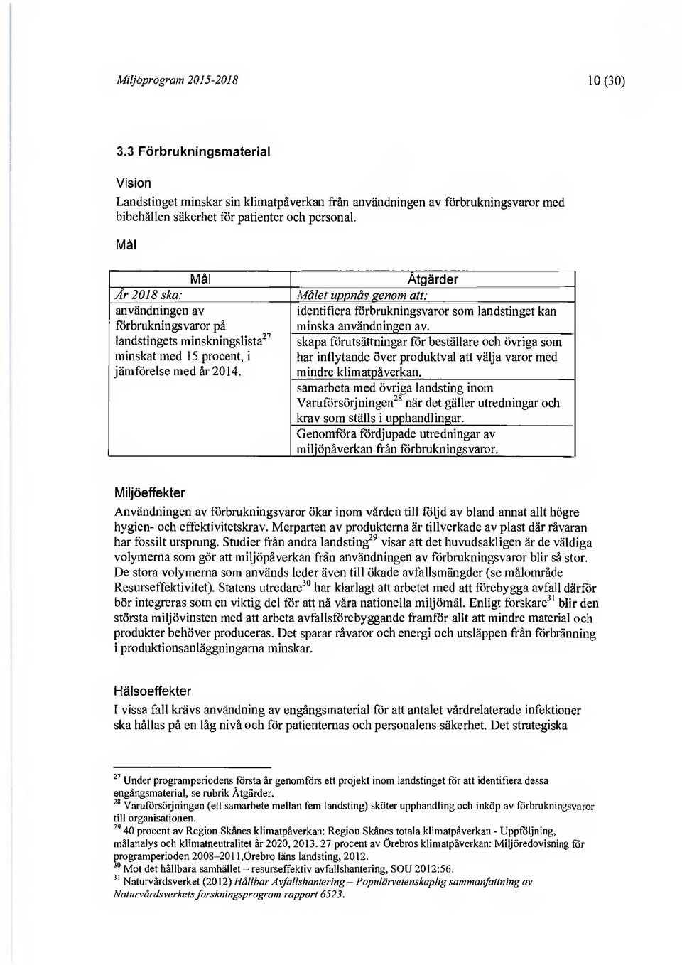 Åtgärder Målet uppnås genom att: identifiera förbrukningsvaror som landstinget kan minska användningen av.