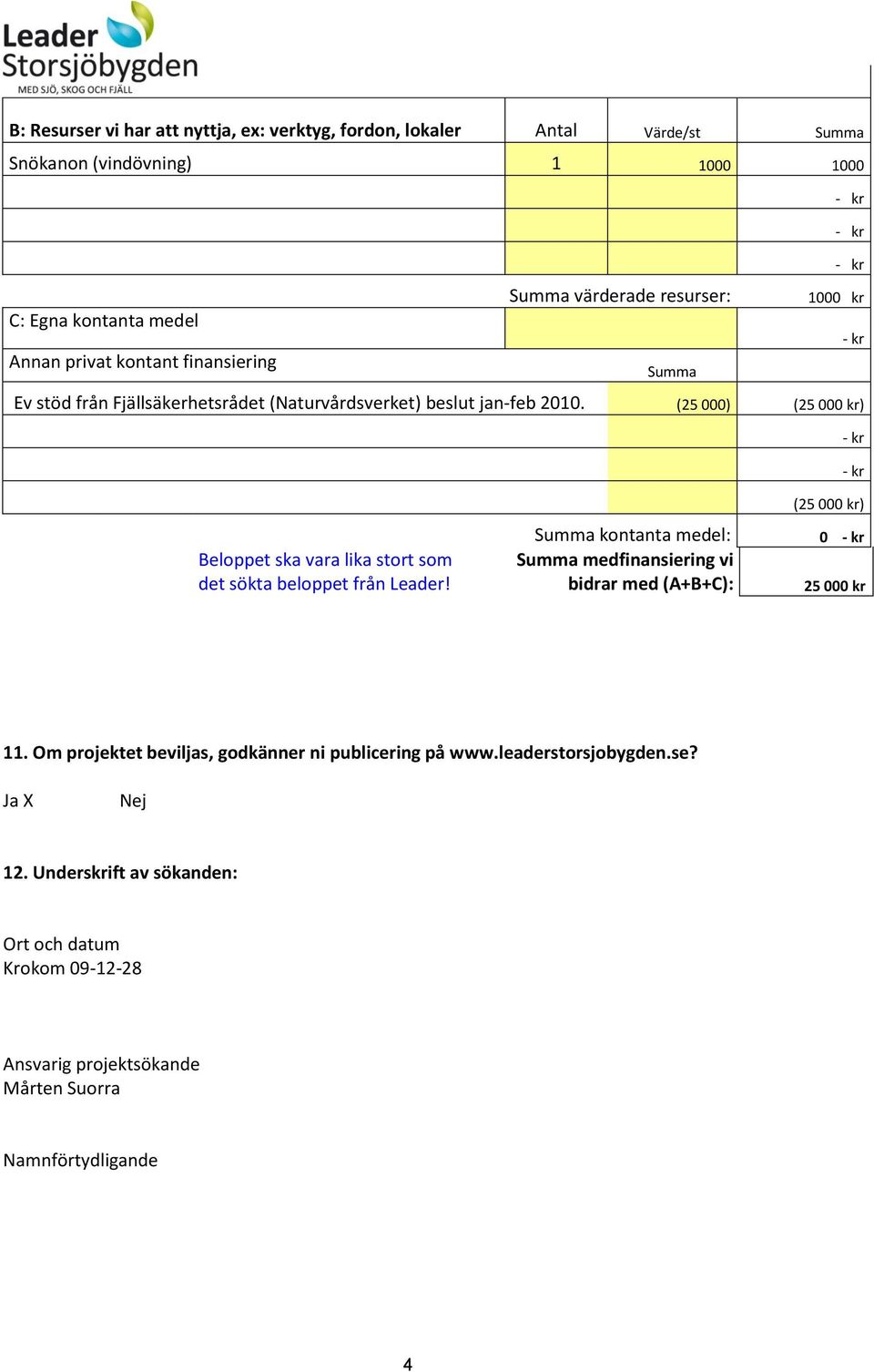 (25 000) (25 000 kr) (25 000 kr) Beloppet ska vara lika stort som det sökta beloppet från Leader!