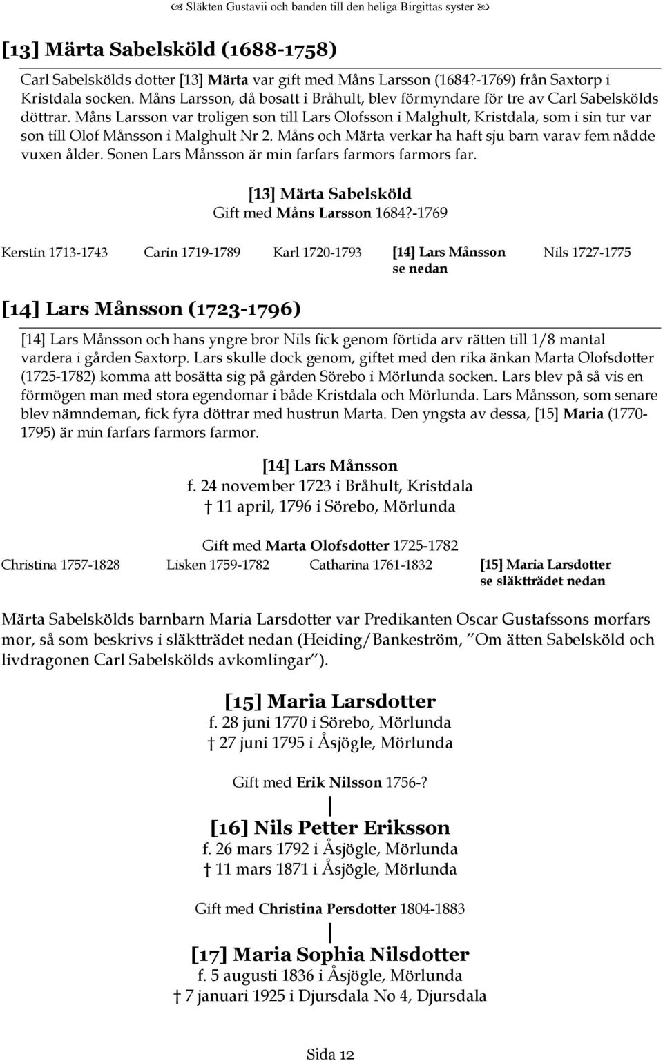 Måns Larsson var troligen son till Lars Olofsson i Malghult, Kristdala, som i sin tur var son till Olof Månsson i Malghult Nr 2. Måns och Märta verkar ha haft sju barn varav fem nådde vuxen ålder.