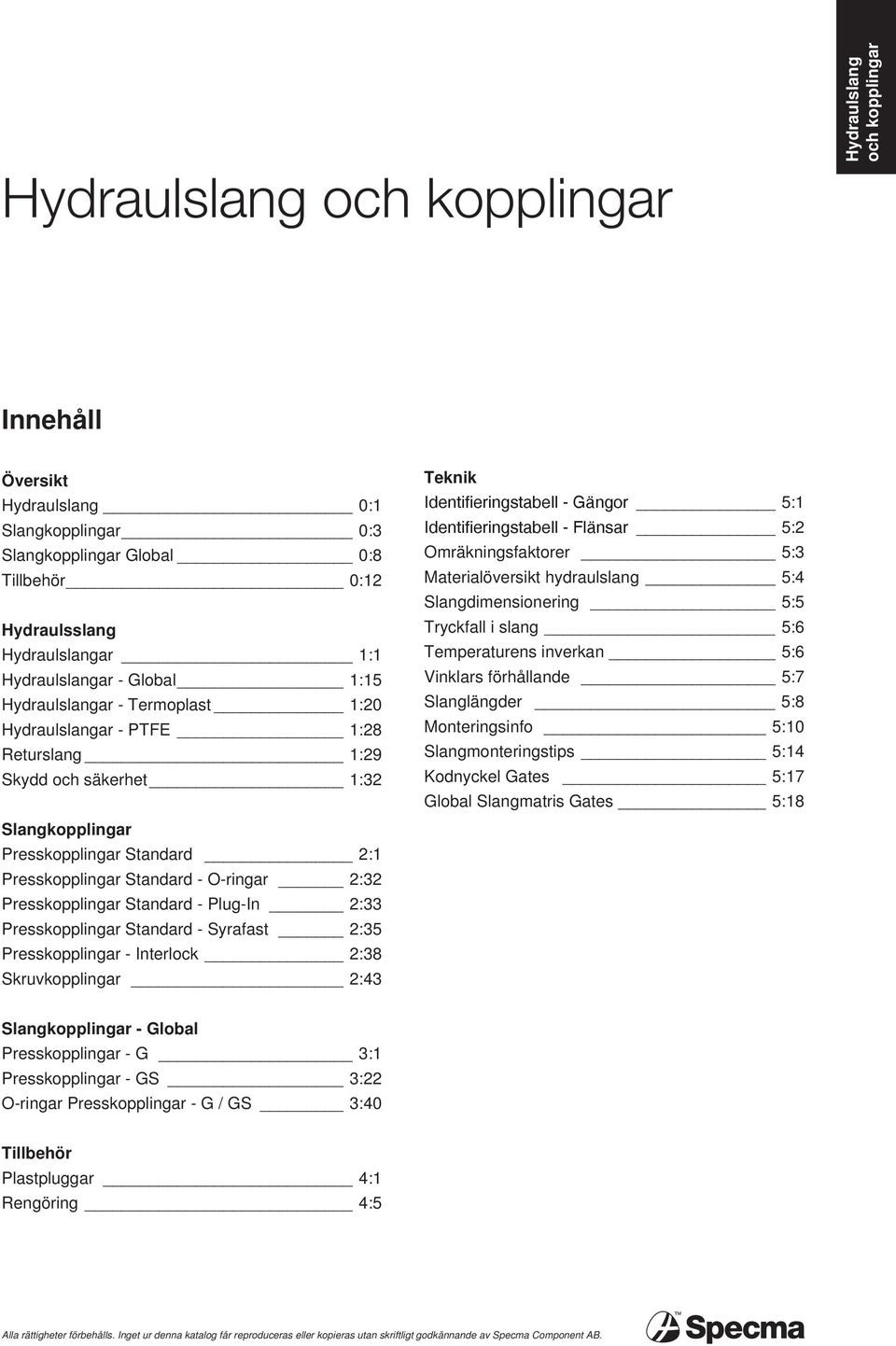 Presskopplingar Standard - Syrafast 2:35 Presskopplingar - Interlock 2:38 Skruvkopplingar 2:43 Teknik Identifieringstabell - Gängor 5:1 Identifieringstabell - Flänsar 5:2 Omräkningsfaktorer 5:3