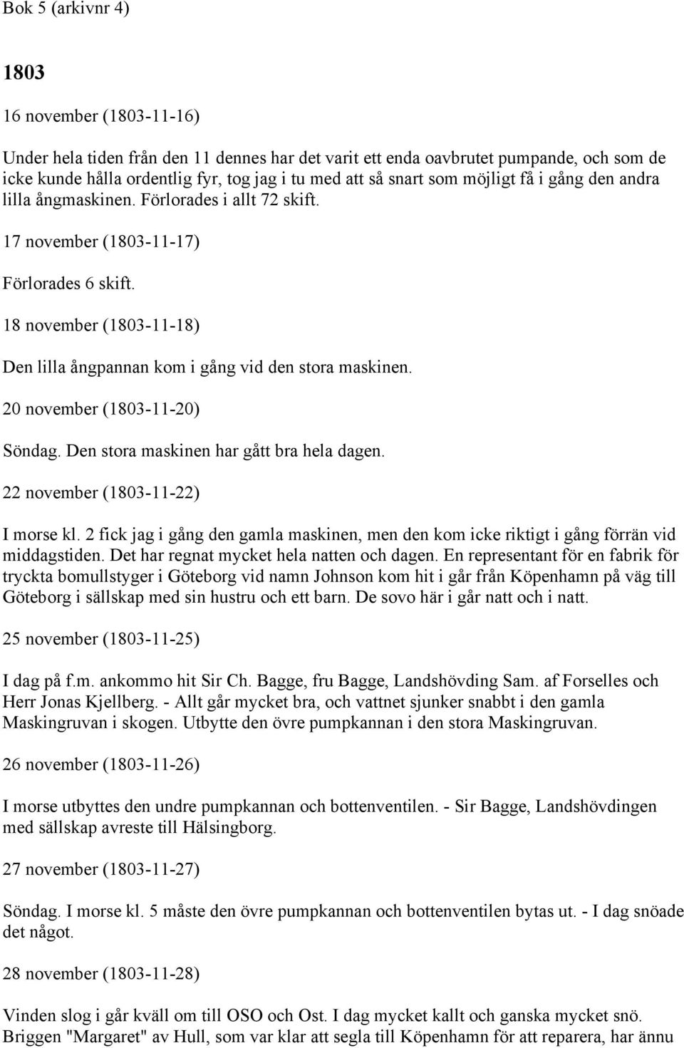 18 november (1803-11-18) Den lilla ångpannan kom i gång vid den stora maskinen. 20 november (1803-11-20) Söndag. Den stora maskinen har gått bra hela dagen. 22 november (1803-11-22) I morse kl.