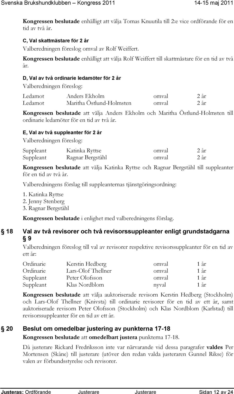 D, Val av två ordinarie ledamöter för 2 år Valberedningen föreslog: Ledamot Anders Ekholm omval 2 år Ledamot Maritha Östlund-Holmsten omval 2 år Kongressen beslutade att välja Anders Ekholm och