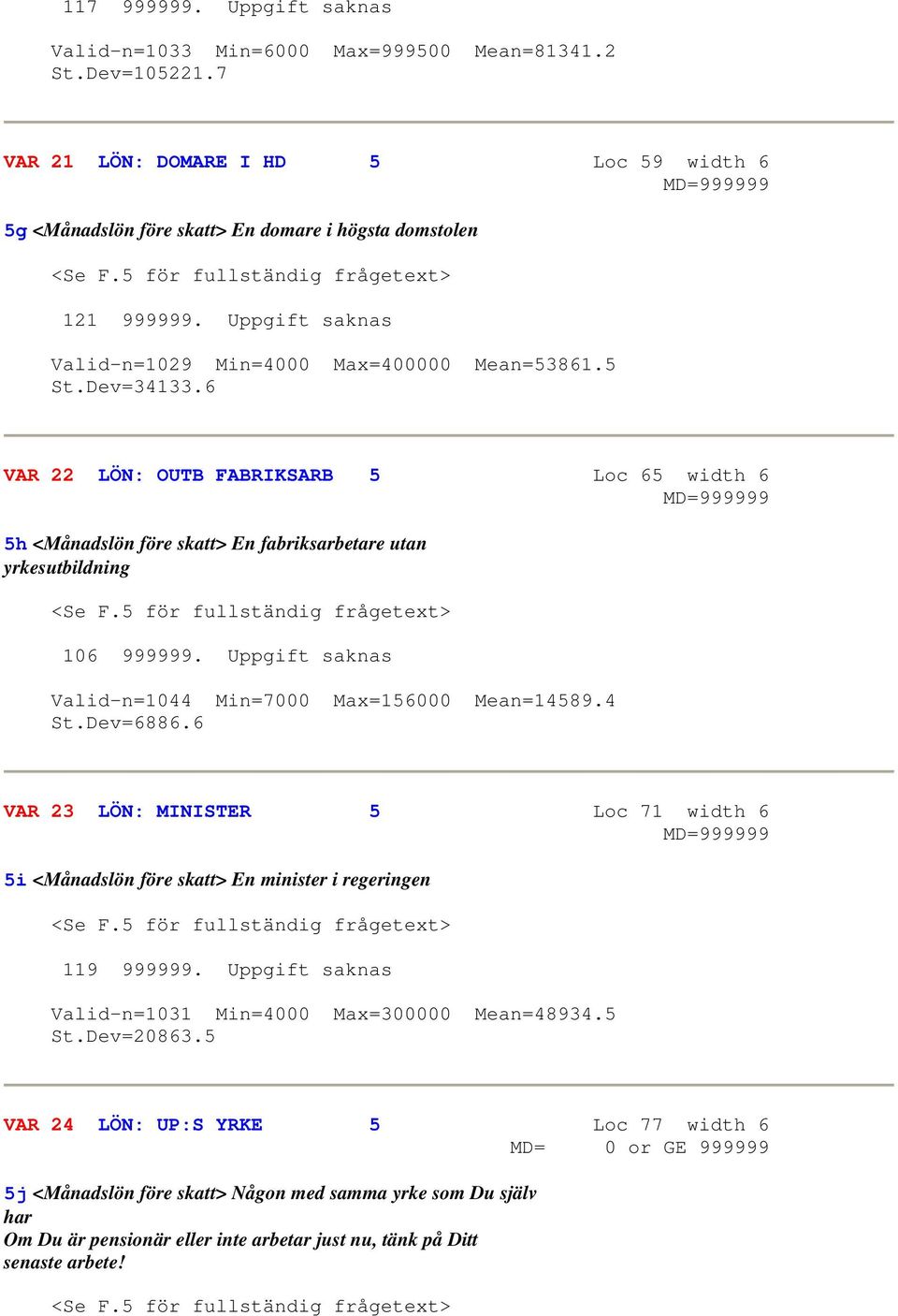 6 VAR 22 LÖN: OUTB FABRIKSARB 5 Loc 65 width 6 99999 5h <Månadslön före skatt> En fabriksarbetare utan yrkesutbildning <Se F.5 för fullständig frågetext> 106 999999.