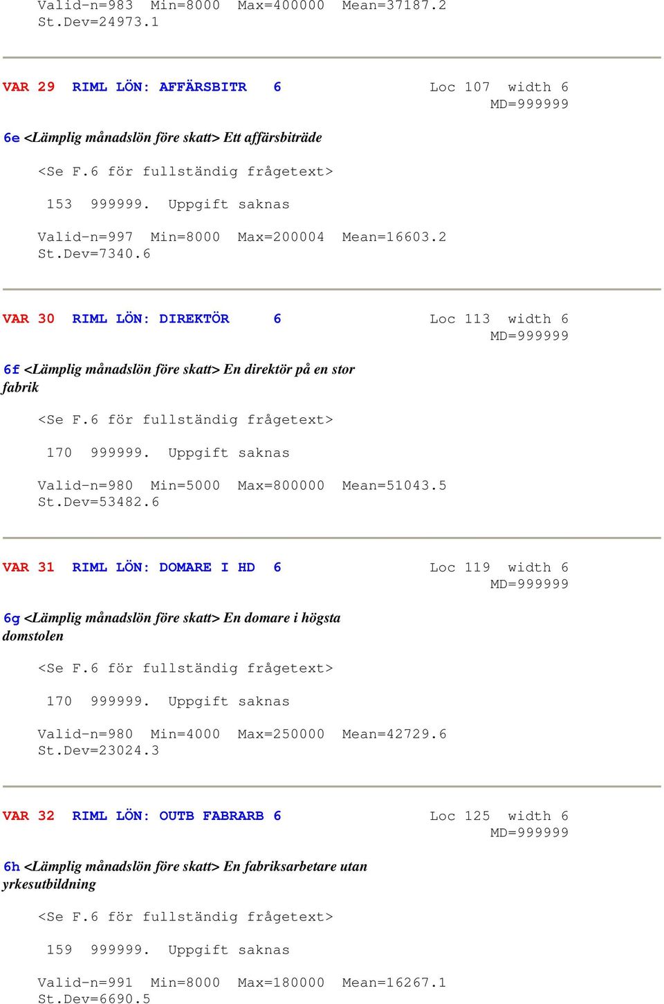 6 VAR 30 RIML LÖN: DIREKTÖR 6 Loc 113 width 6 99999 6f <Lämplig månadslön före skatt> En direktör på en stor fabrik <Se F.6 för fullständig frågetext> 170 999999.