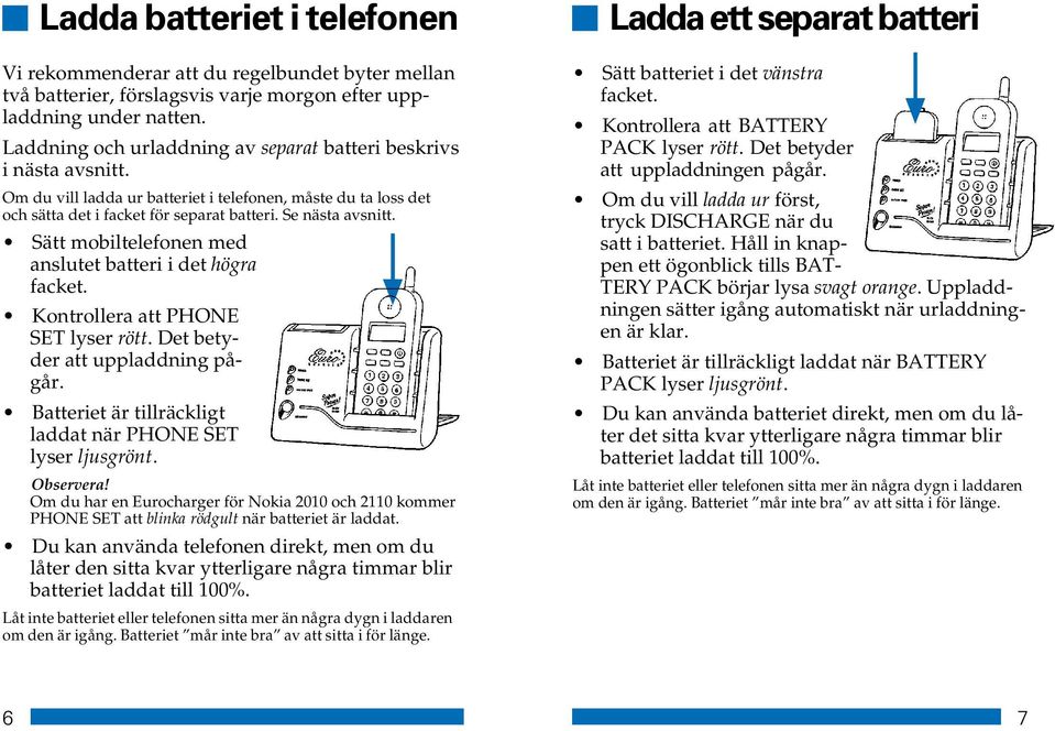 Sätt mobiltelefonen med anslutet batteri i det högra facket. Kontrollera att PHONE SET lyser rött. Det betyder att uppladdning pågår. Batteriet är tillräckligt laddat när PHONE SET lyser ljusgrönt.