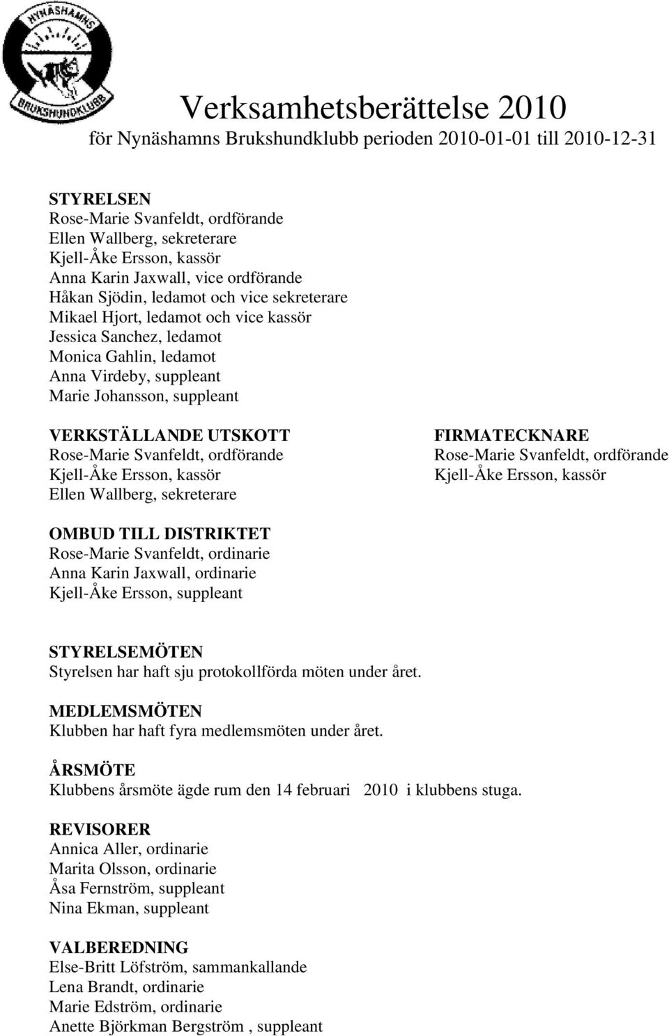 suppleant VERKSTÄLLANDE UTSKOTT Rose-Marie Svanfeldt, ordförande Kjell-Åke Ersson, kassör Ellen Wallberg, sekreterare FIRMATECKNARE Rose-Marie Svanfeldt, ordförande Kjell-Åke Ersson, kassör OMBUD
