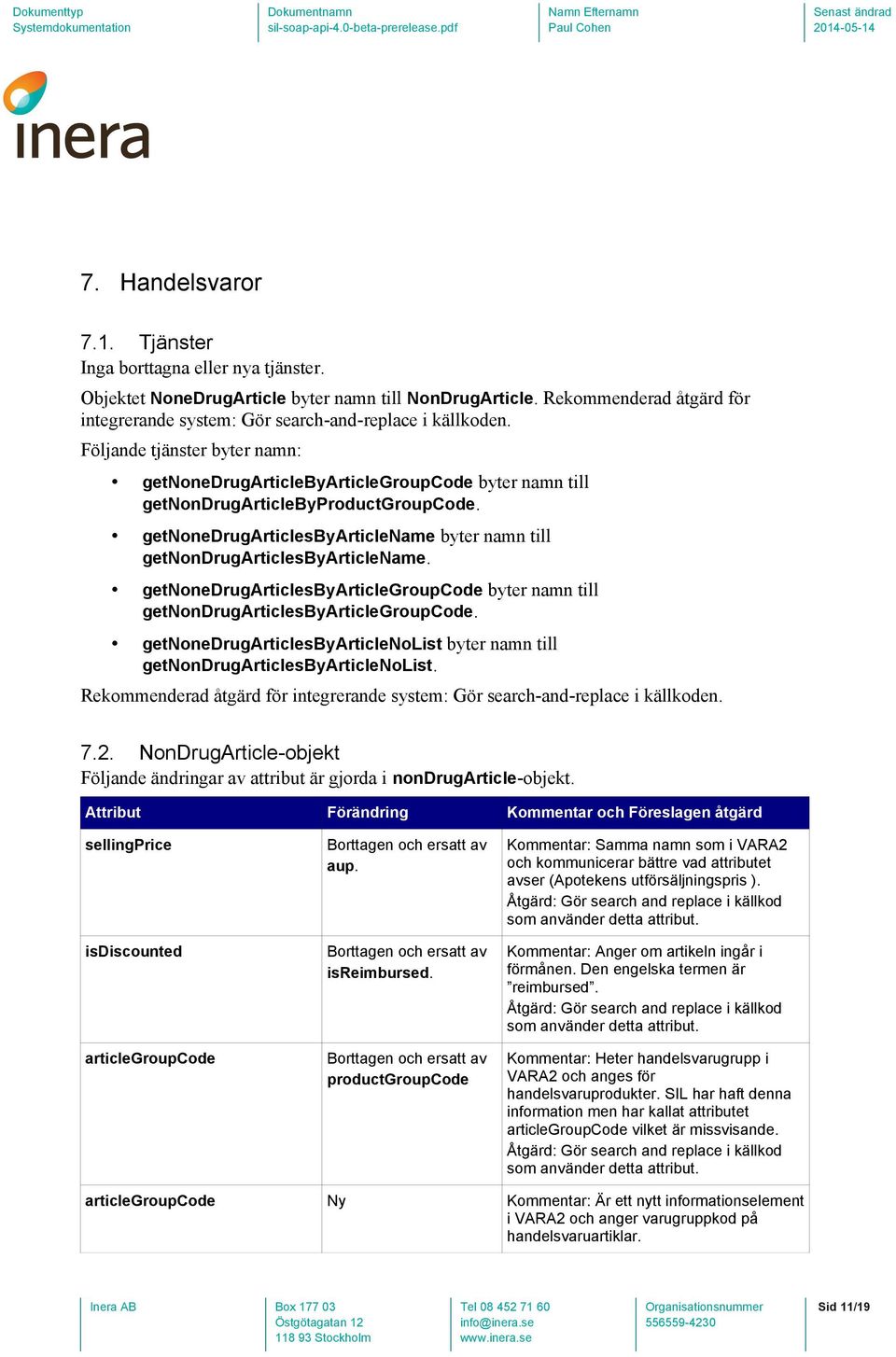 Följande tjänster byter namn: getnonedrugarticlebyarticlegroupcode byter namn till getnondrugarticlebyproductgroupcode.