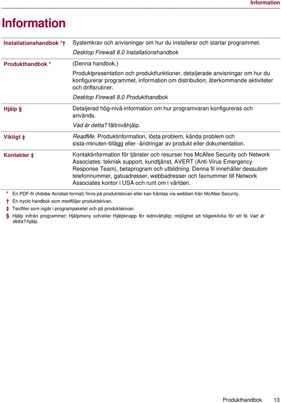 ) Produktpresentation och produktfunktioner, detaljerade anvisningar om hur du konfigurerar programmet, information om distribution, återkommande aktiviteter och driftsrutiner. Desktop Firewall 8.