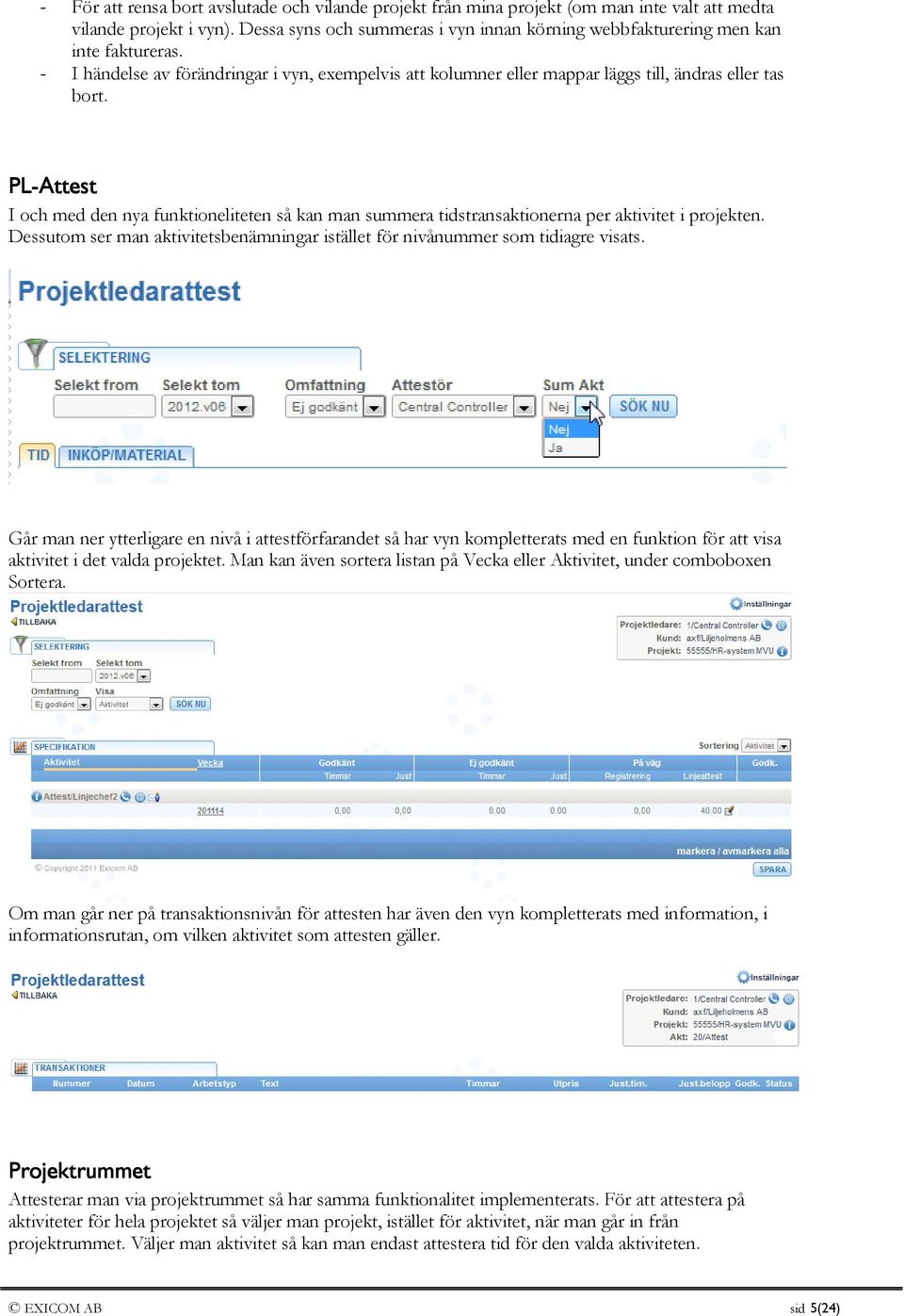 PL-Attest I och med den nya funktioneliteten så kan man summera tidstransaktionerna per aktivitet i projekten. Dessutom ser man aktivitetsbenämningar istället för nivånummer som tidiagre visats.