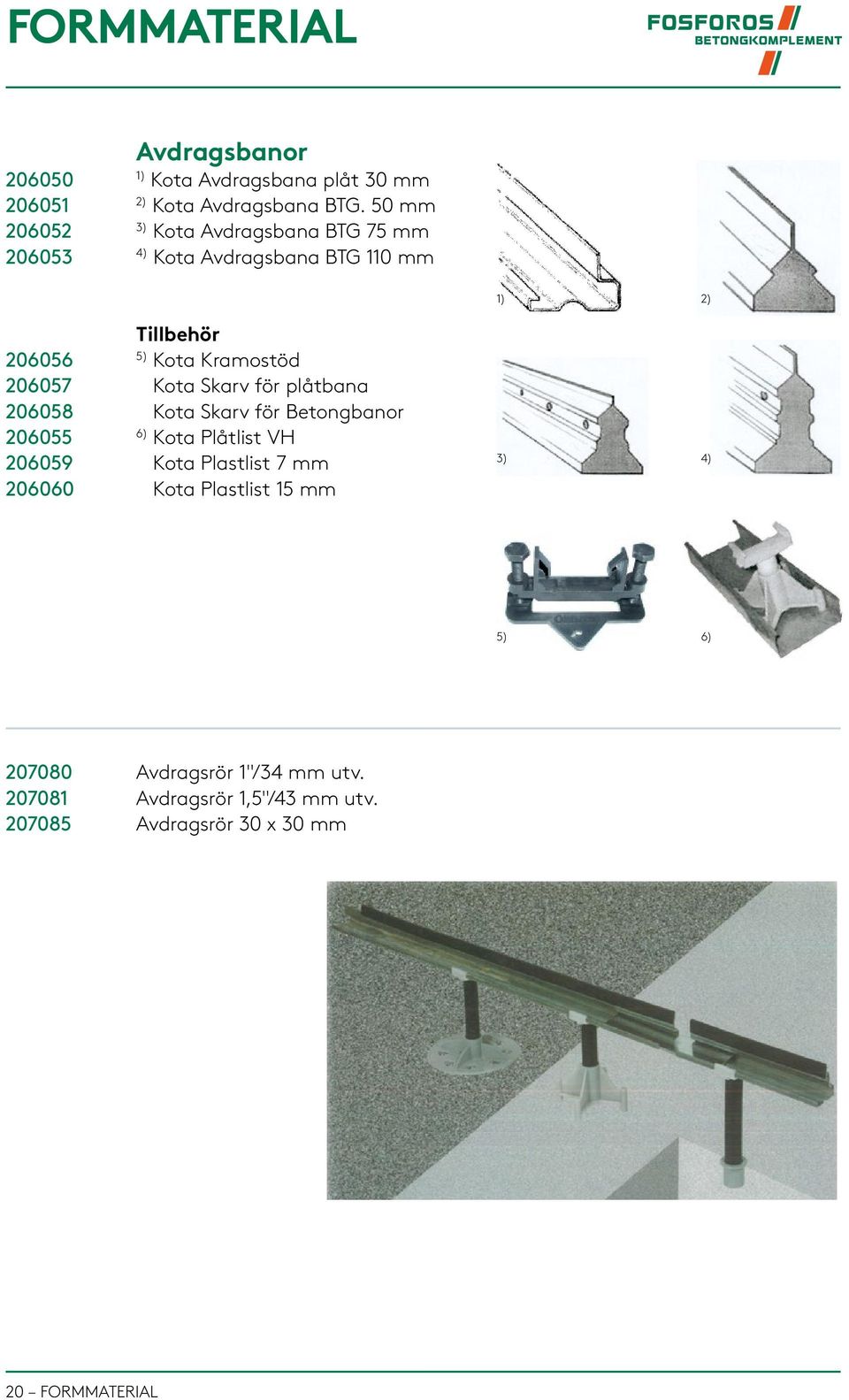 Kota Kramostöd Kota Skarv för plåtbana Kota Skarv för Betongbanor 6) Kota Plåtlist VH Kota Plastlist 7 mm Kota Plastlist