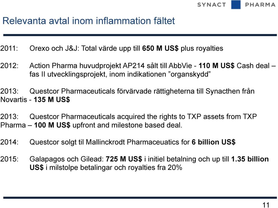 M US$ 2013: Questcor Pharmaceuticals acquired the rights to TXP assets from TXP Pharma 100 M US$ upfront and milestone based deal.