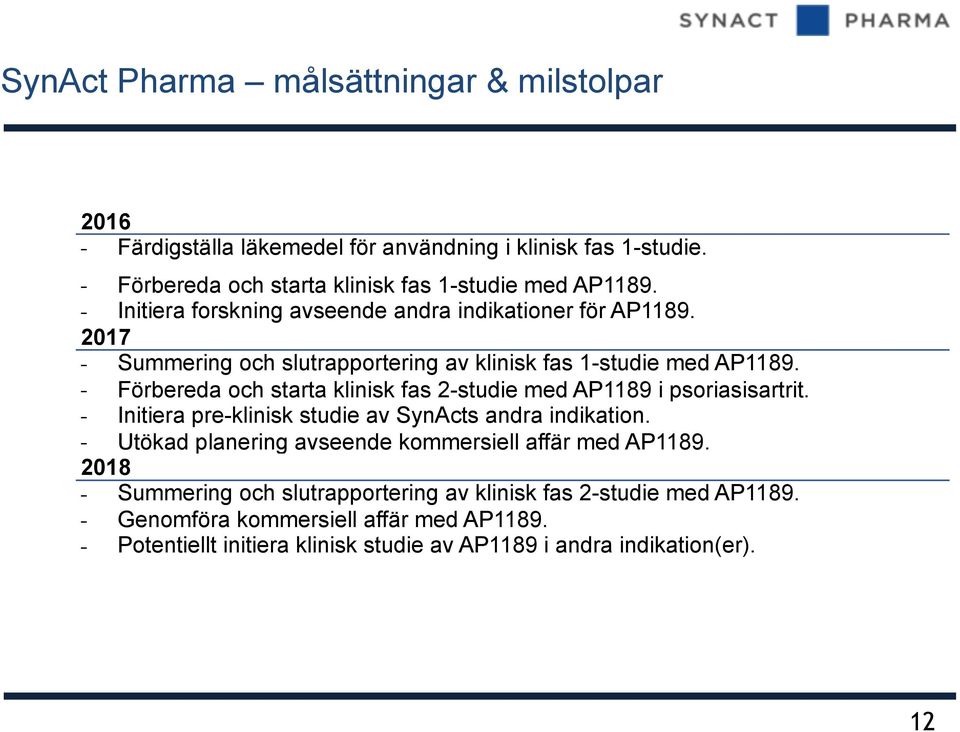 - Förbereda och starta klinisk fas 2-studie med AP1189 i psoriasisartrit. - Initiera pre-klinisk studie av SynActs andra indikation.