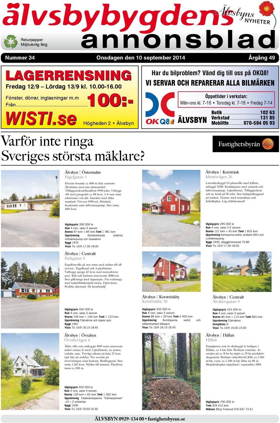 7-16 Torsdag kl. 7-18 Fredag 7-14 ÄLVSBYN Butik...102 63 Verkstad...131 85 Mobiltfn... 070-584 05 93 Älvsbyn Östermalm Fågelgatan 3 Prisvärt boende ca 800 m från centrum.