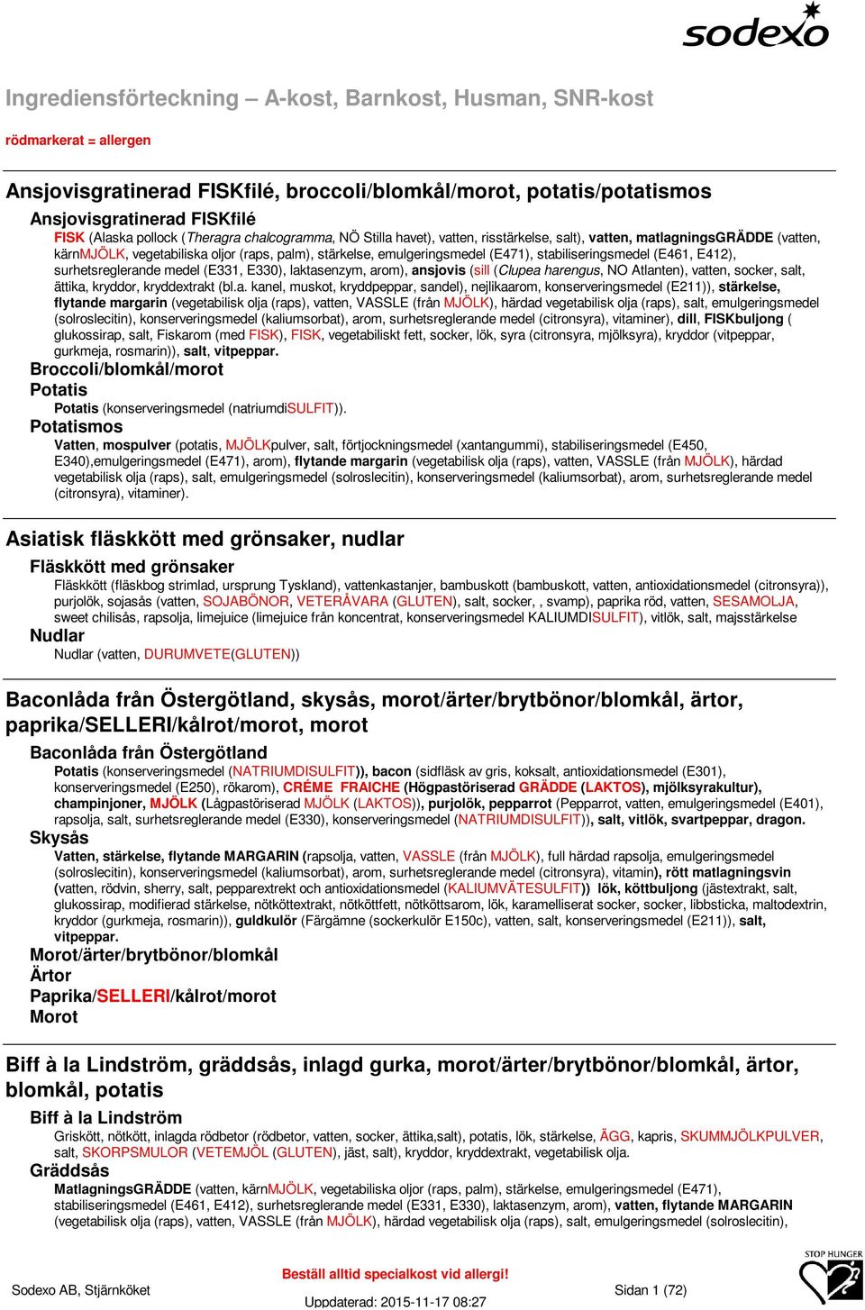 stabiliseringsmedel (E461, E412), surhetsreglerande medel (E331, E330), laktasenzym, arom), ansjovis (sill (Clupea harengus, NO Atlanten), vatten, socker, salt, ättika, kryddor, kryddextrakt (bl.a.