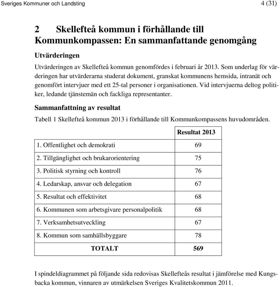 Vid intervjuerna deltog politiker, ledande tjänstemän och fackliga representanter. Sammanfattning av resultat Tabell 1 Skellefteå kommun 2013 i förhållande till Kommunkompassens huvudområden.