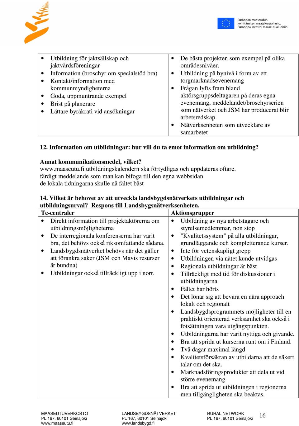 Utbildning på bynivå i form av ett torgmarknadsevenemang Frågan lyfts fram bland aktörsgruppsdeltagaren på deras egna evenemang, meddelandet/broschyrserien som nätverket och JSM har producerat blir