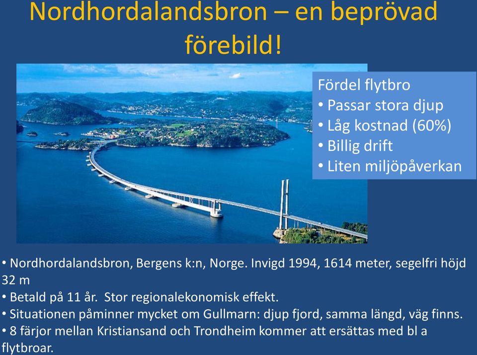 Bergens k:n, Norge. Invigd 1994, 1614 meter, segelfri höjd 32 m Betald på 11 år.