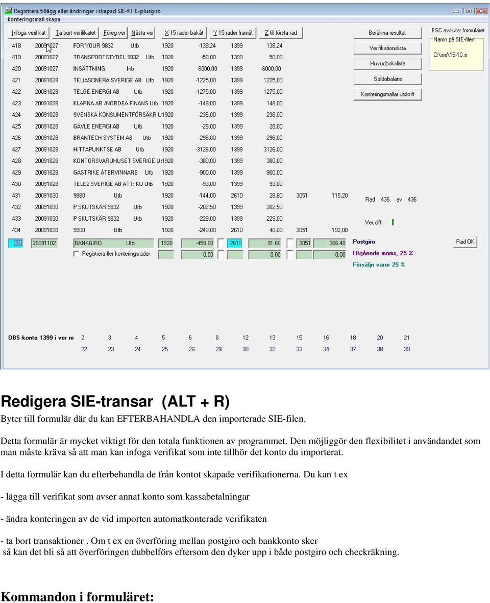 I detta formulär kan du efterbehandla de från kontot skapade verifikationerna.