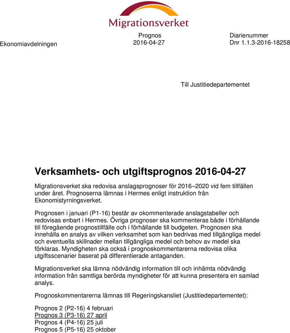 Prognoserna lämnas i Hermes enligt instruktion från Ekonomistyrningsverket. Prognosen i januari (P1-16) består av okommenterade anslagstabeller och redovisas enbart i Hermes.