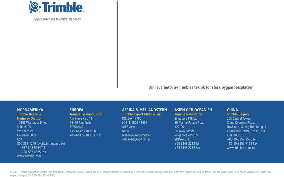 com EUROPA Trimble Tyskland GmbH Am Prime Parc 11 65479 Raunheim TYSKLAND +49-6142-2100-0 Tel +49-6142-2100-550 Fax AFRIKA & MELLANÖSTERN Trimble Export Middle-East P.O. Box 17760 LOB18 1606 / 1607 JAFZ View Dubai Förenade Arabemiraten +971-4-886-5410 Tel ASIEN OCH OCEANIEN Trimble Navigation Singapore PTE Ltd.