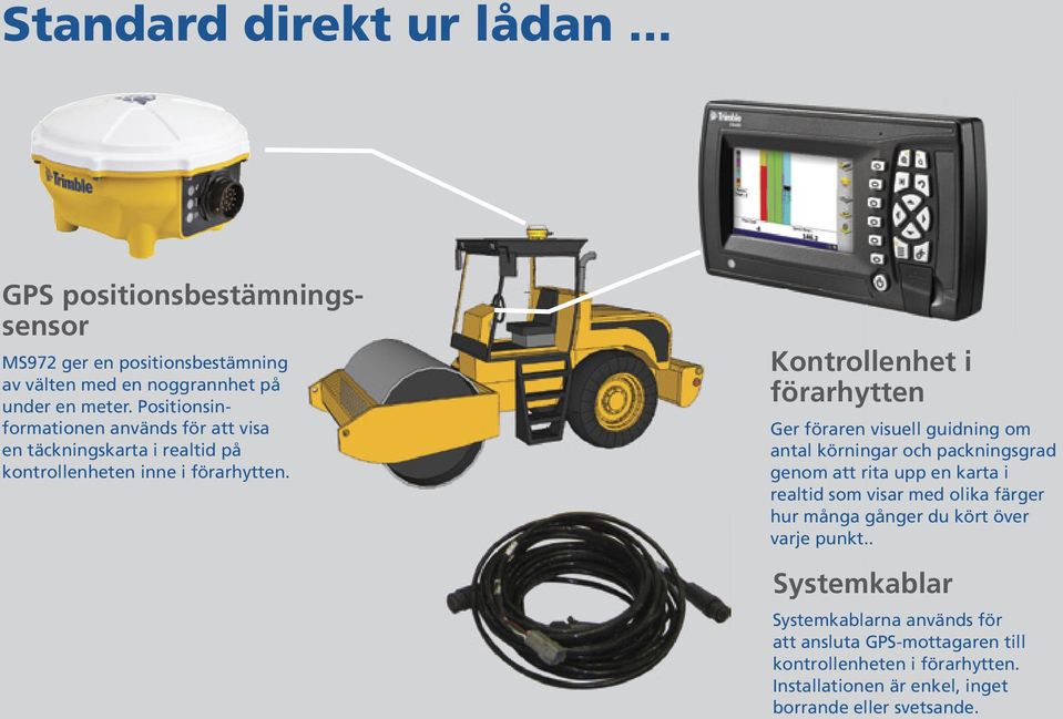 Kontrollenhet i förarhytten Ger föraren visuell guidning om antal körningar och packningsgrad genom att rita upp en karta i realtid som visar med olika