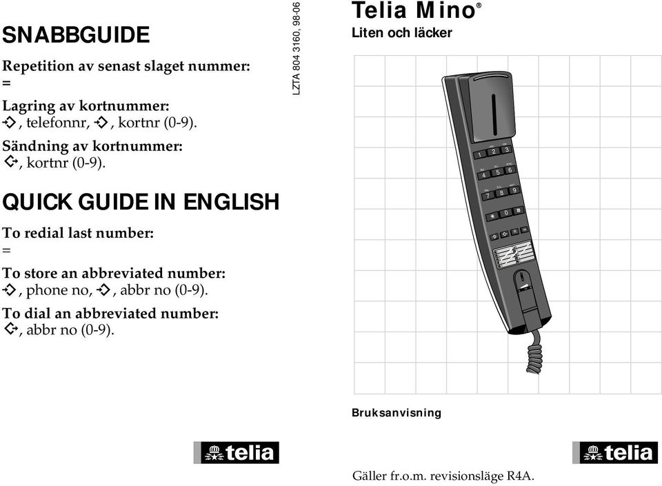 QUICK GUIDE IN ENGLISH To redial last number: To store an abbreviated number:, phone no,, abbr no