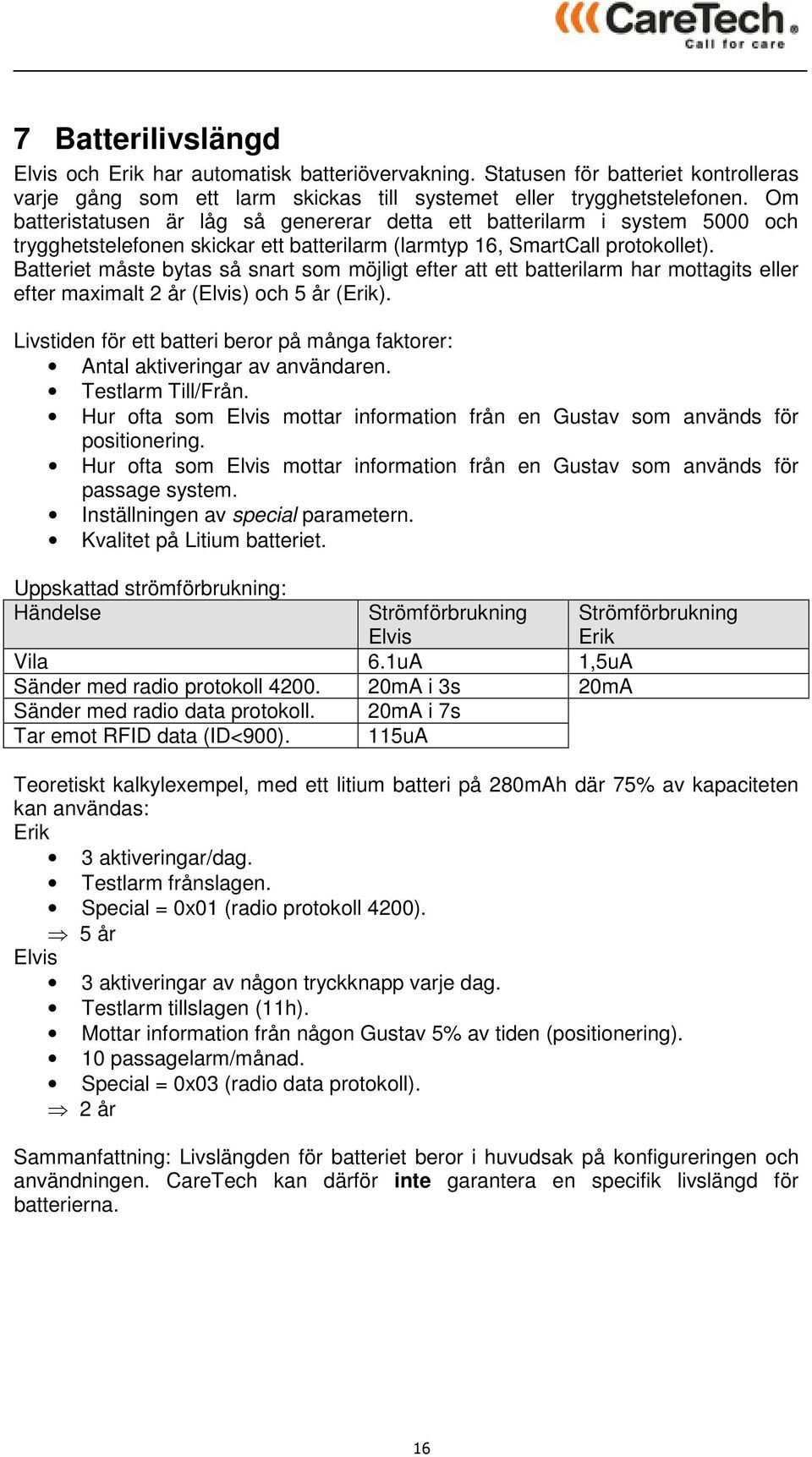 Batteriet måste bytas så snart som möjligt efter att ett batterilarm har mottagits eller efter maximalt 2 år (Elvis) och 5 år (Erik).