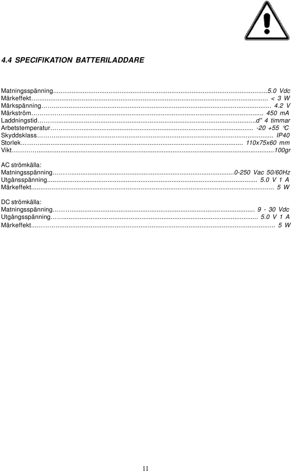 .. 110x75x60 mm Vikt...100gr AC strömkälla: Matningsspänning...0-250 Vac 50/60Hz Utgånsspänning... 5.0 V 1 A Märkeffekt.