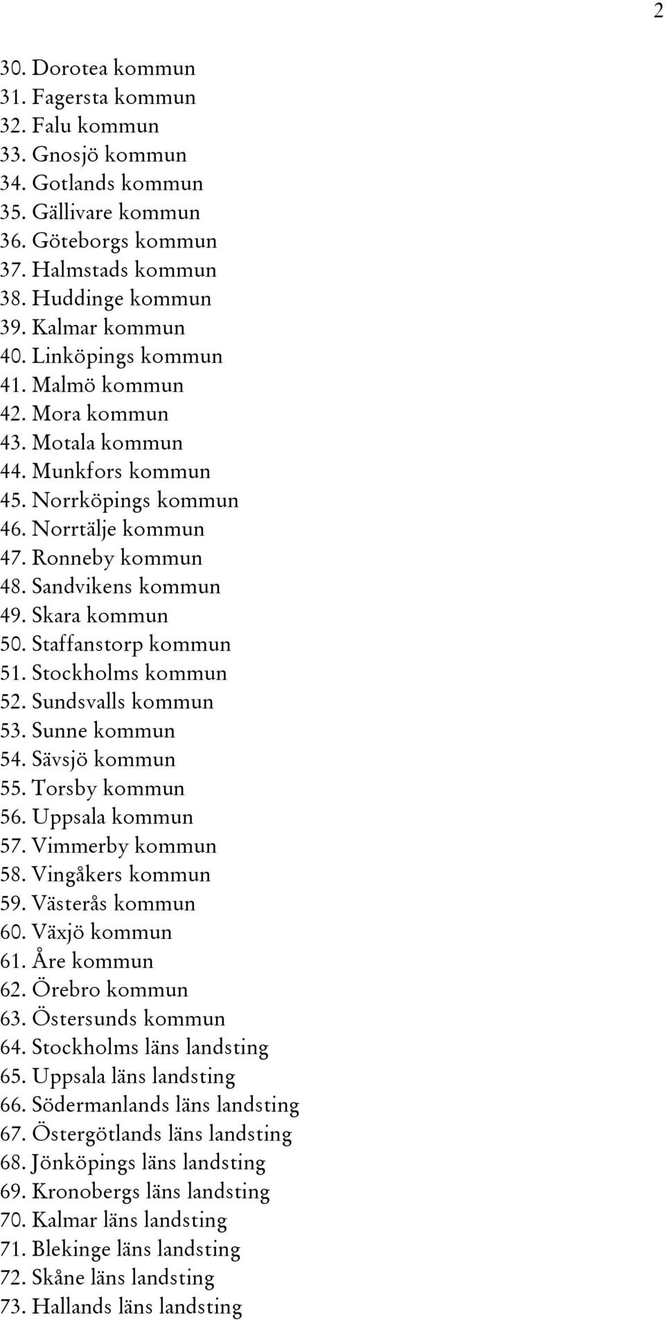 Staffanstorp kommun 51. Stockholms kommun 52. Sundsvalls kommun 53. Sunne kommun 54. Sävsjö kommun 55. Torsby kommun 56. Uppsala kommun 57. Vimmerby kommun 58. Vingåkers kommun 59. Västerås kommun 60.