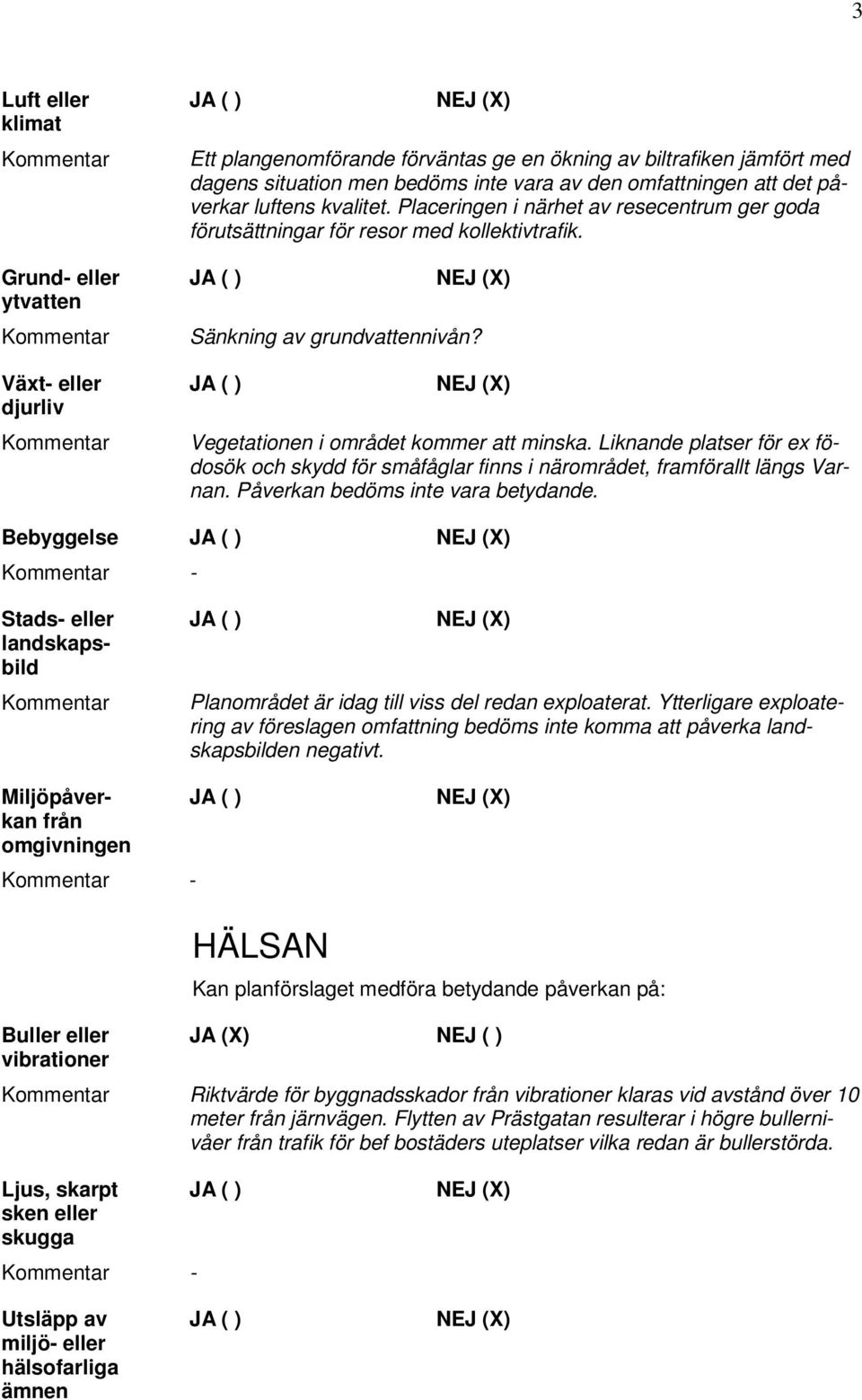 JA ( ) NEJ (X) Sänkning av grundvattennivån? JA ( ) NEJ (X) Vegetationen i området kommer att minska.