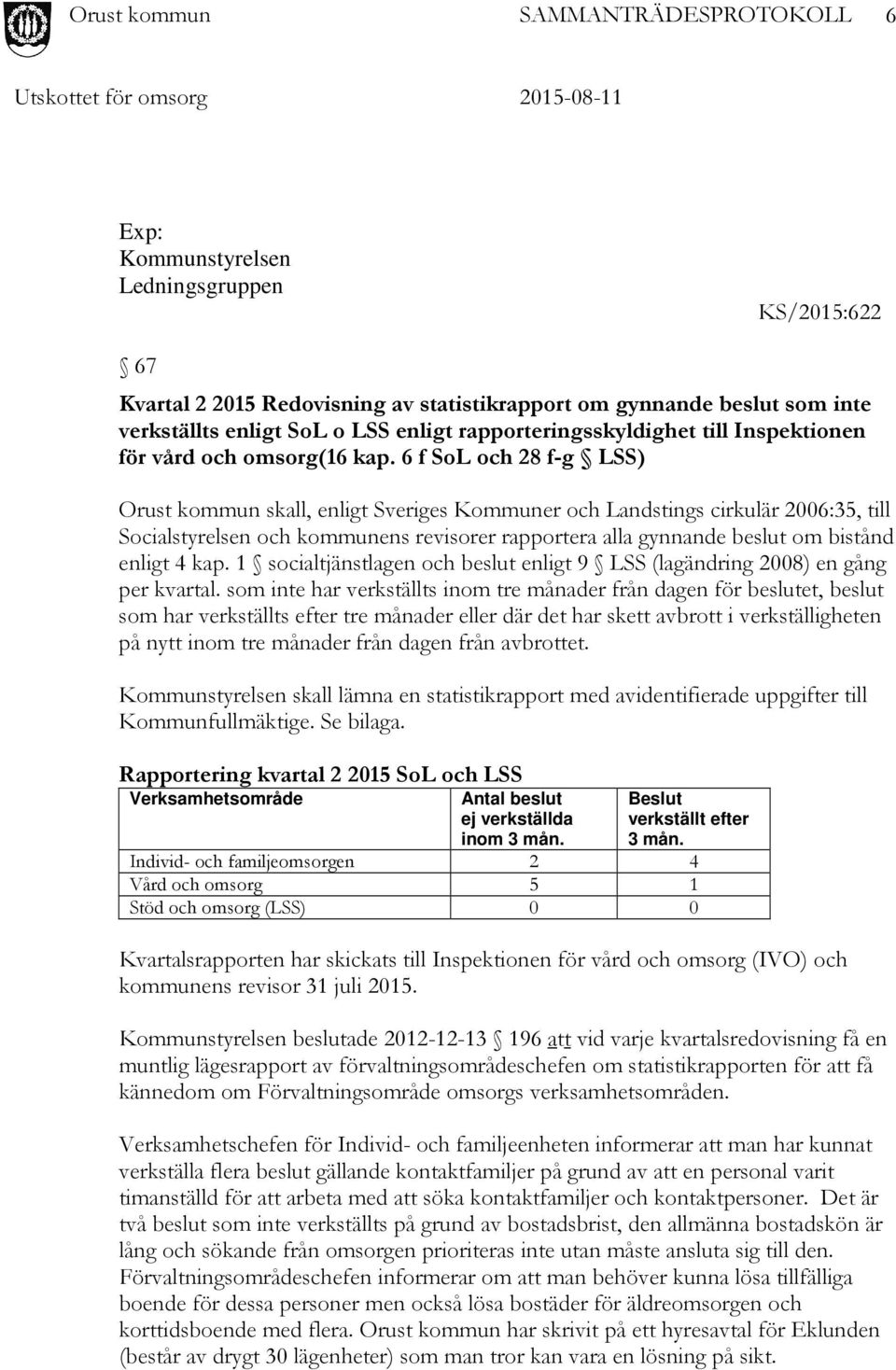 6 f SoL och 28 f-g LSS) Orust kommun skall, enligt Sveriges Kommuner och Landstings cirkulär 2006:35, till Socialstyrelsen och kommunens revisorer rapportera alla gynnande beslut om bistånd enligt 4