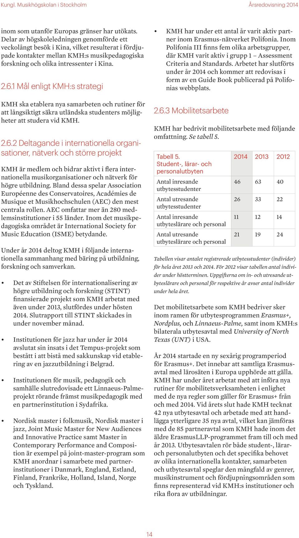 1 Mål enligt KMH:s strategi KMH ska etablera nya samarbeten och rutiner för att långsiktigt säkra utländska studenters möjligheter att studera vid KMH. 2.6.