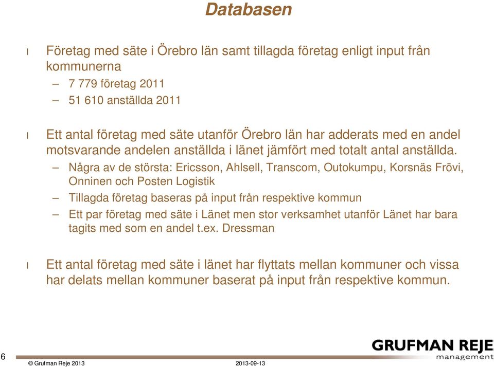 Några av de största: Ericsson, Ahlsell, Transcom, Outokumpu, Korsnäs Frövi, Onninen och Posten Logistik Tillagda företag baseras på input från respektive kommun Ett par