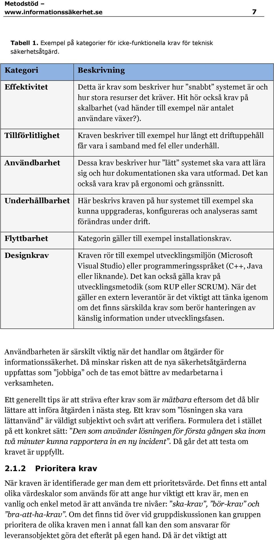 Hit hör också krav på skalbarhet (vad händer till exempel när antalet användare växer?). Kraven beskriver till exempel hur långt ett driftuppehåll får vara i samband med fel eller underhåll.