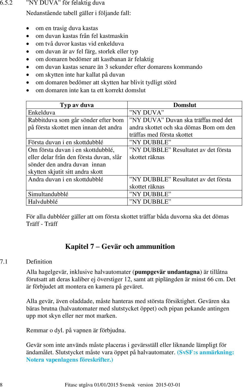 blivit tydligt störd om domaren inte kan ta ett korrekt domslut Typ av duva Enkelduva Rabbitduva som går sönder efter bom på första skottet men innan det andra Första duvan i en skottdubblé Om första