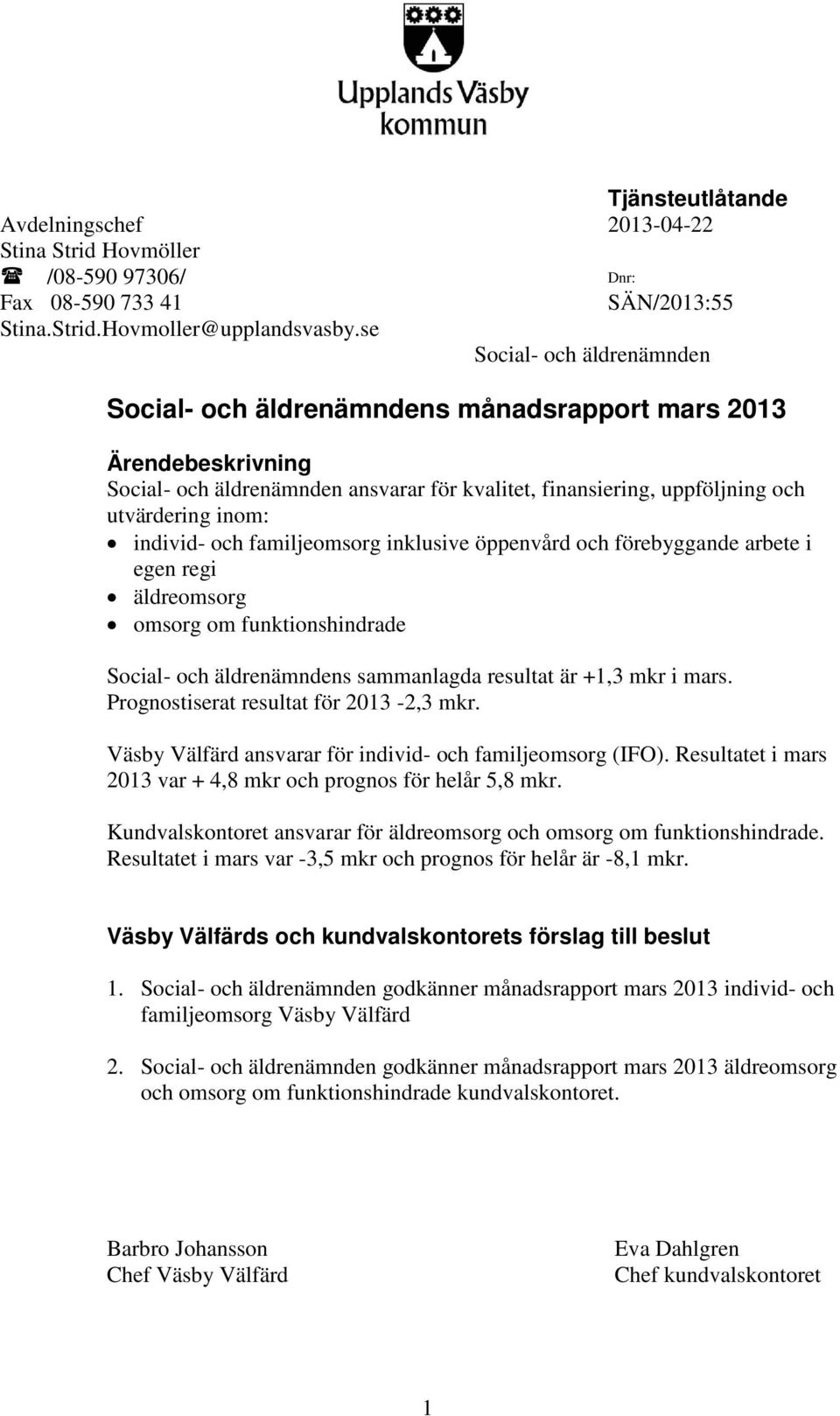 individ- och familjeomsorg inklusive öppenvård och förebyggande arbete i egen regi äldreomsorg omsorg om funktionshindrade Social- och äldrenämndens sammanlagda resultat är +1,3 mkr i mars.