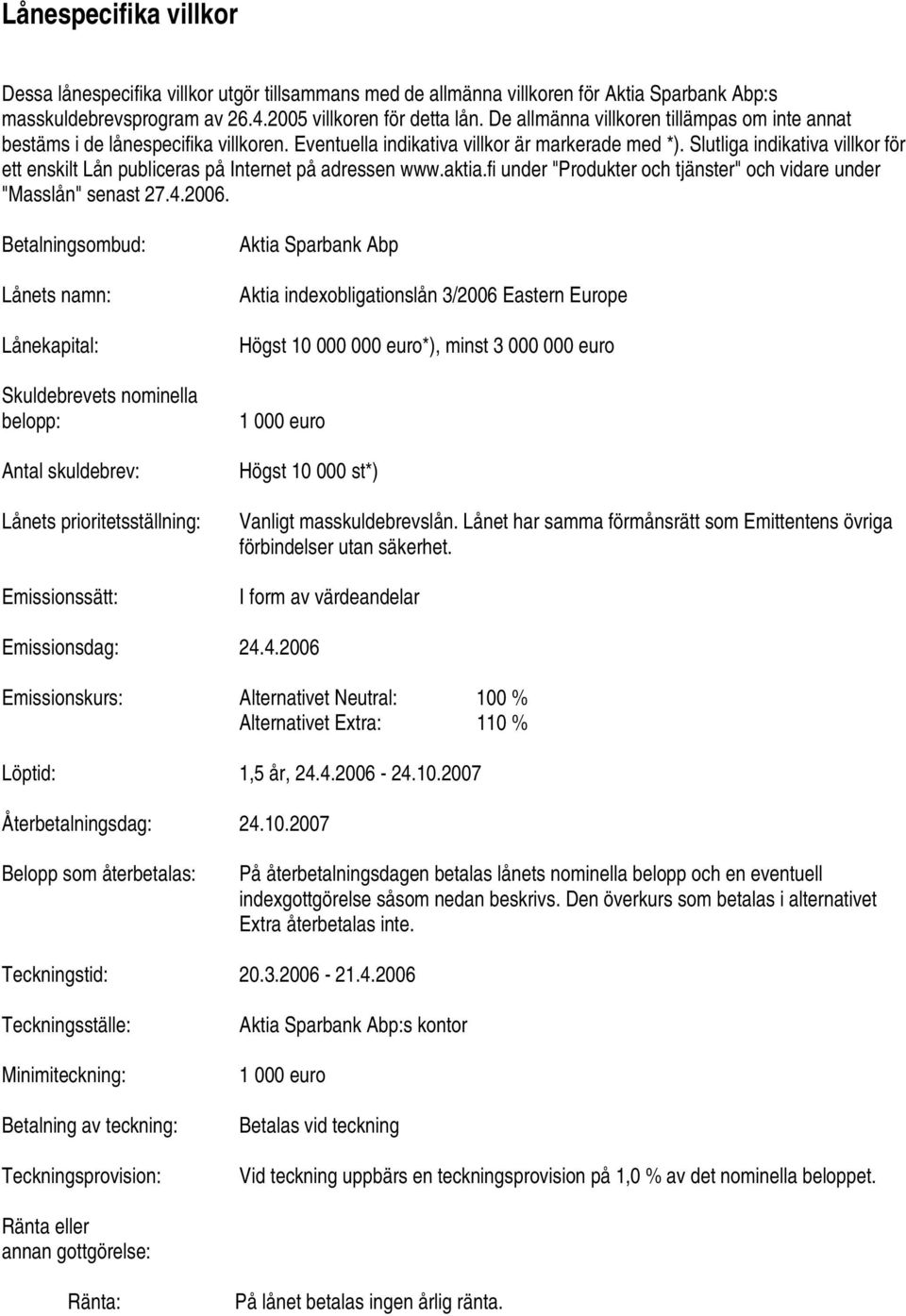 Slutliga indikativa villkor för ett enskilt Lån publiceras på Internet på adressen www.aktia.fi under "Produkter och tjänster" och vidare under "Masslån" senast 27.4.2006.