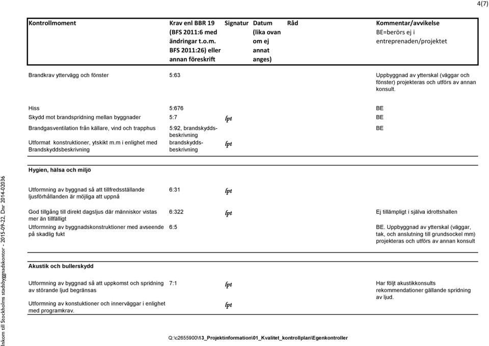 m i enlighet med Brandskyddsbeskrivning 5:92, brandskyddsbeskrivning brandskyddsbeskrivning Hygien, hälsa och miljö Utformning av byggnad så att tillfredsställande ljusförhållanden är möjliga att